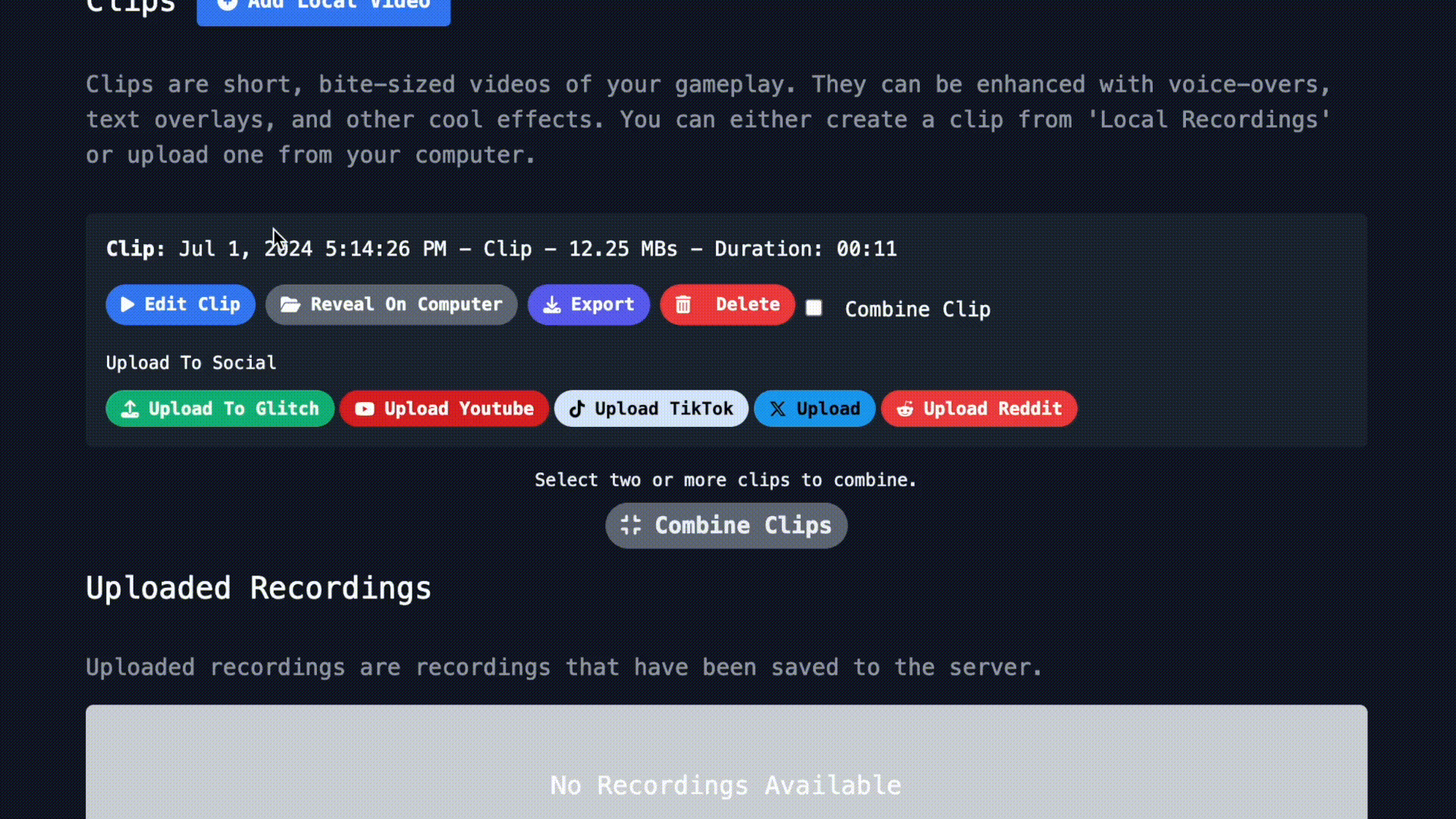 Glitch clip editor adding audio to a clip