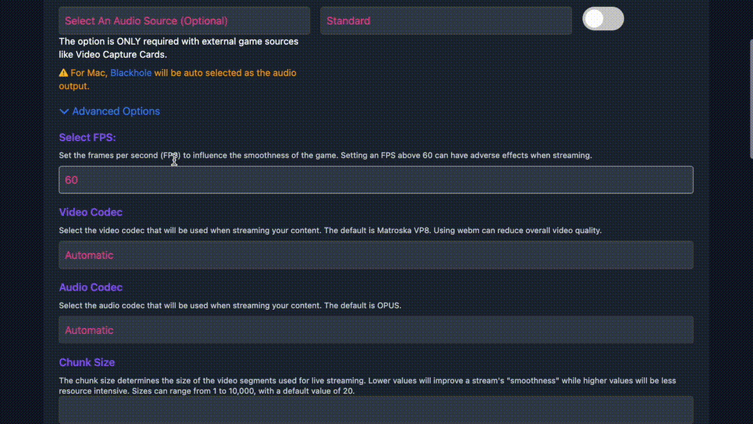 Glitch app codec selection controls