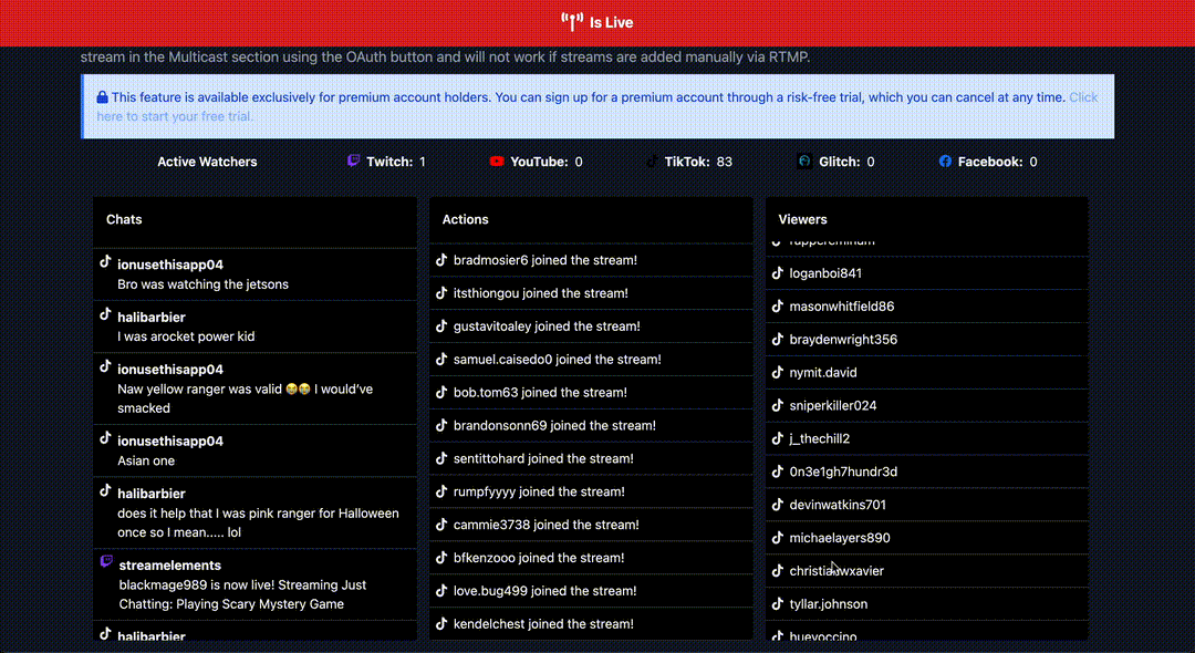 Glitch engagement dashboard for multiple streams
