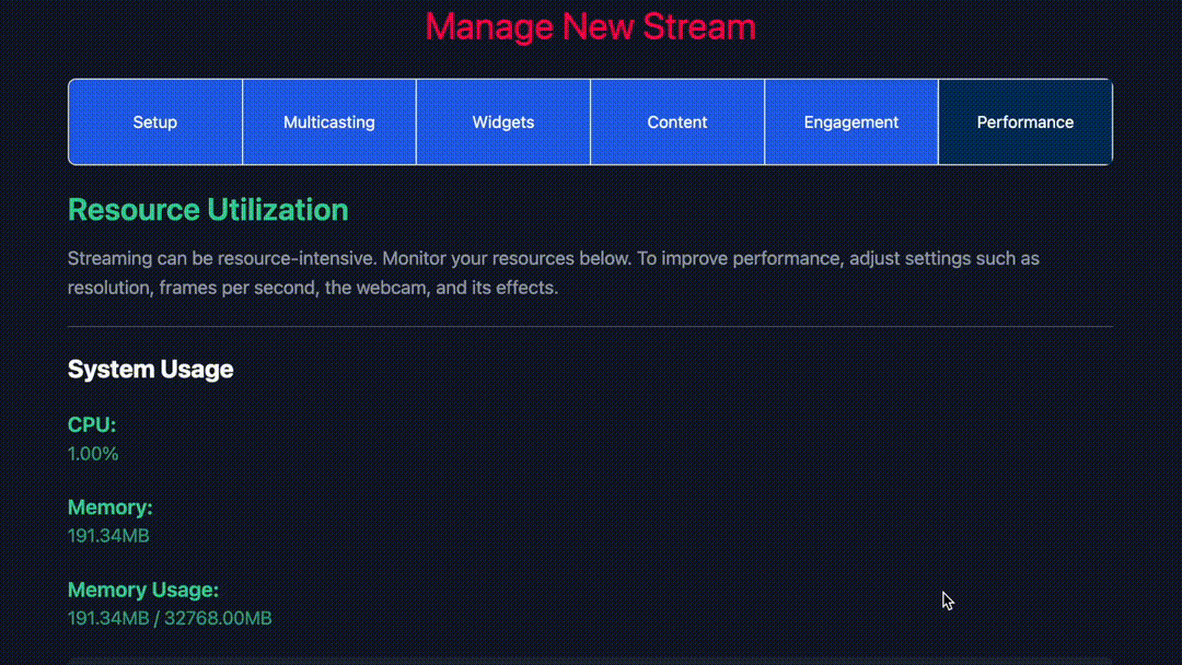 Glitch resource utilization panel showing CPU and memory usage