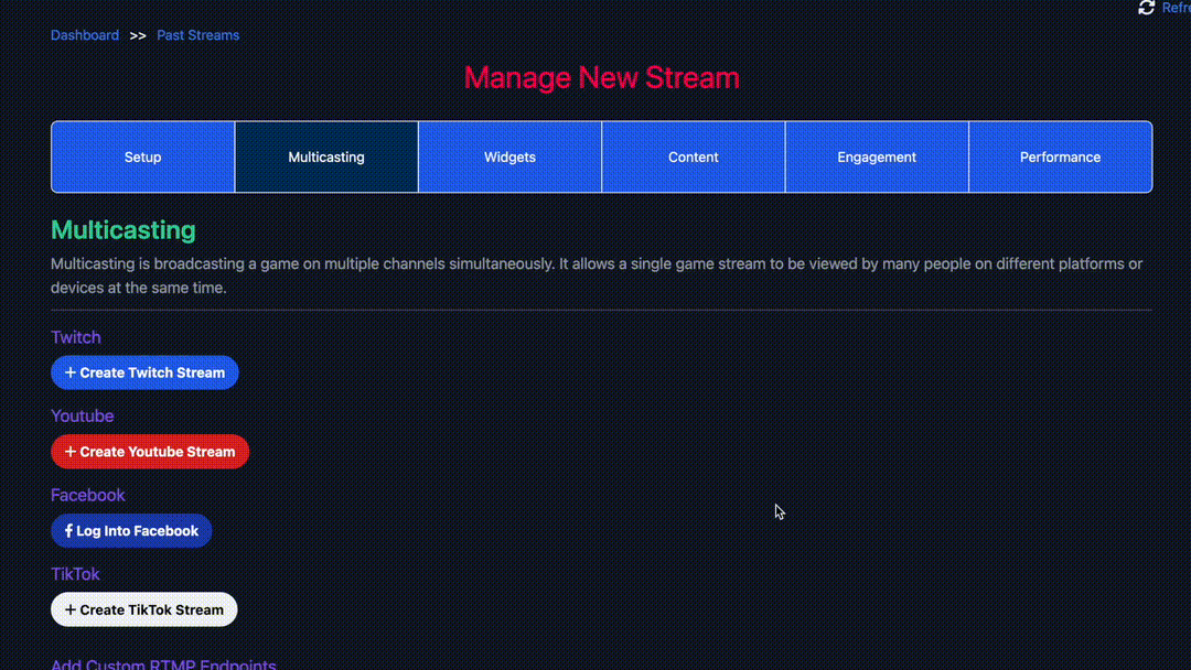 Glitch multistreaming setup screen with platform buttons